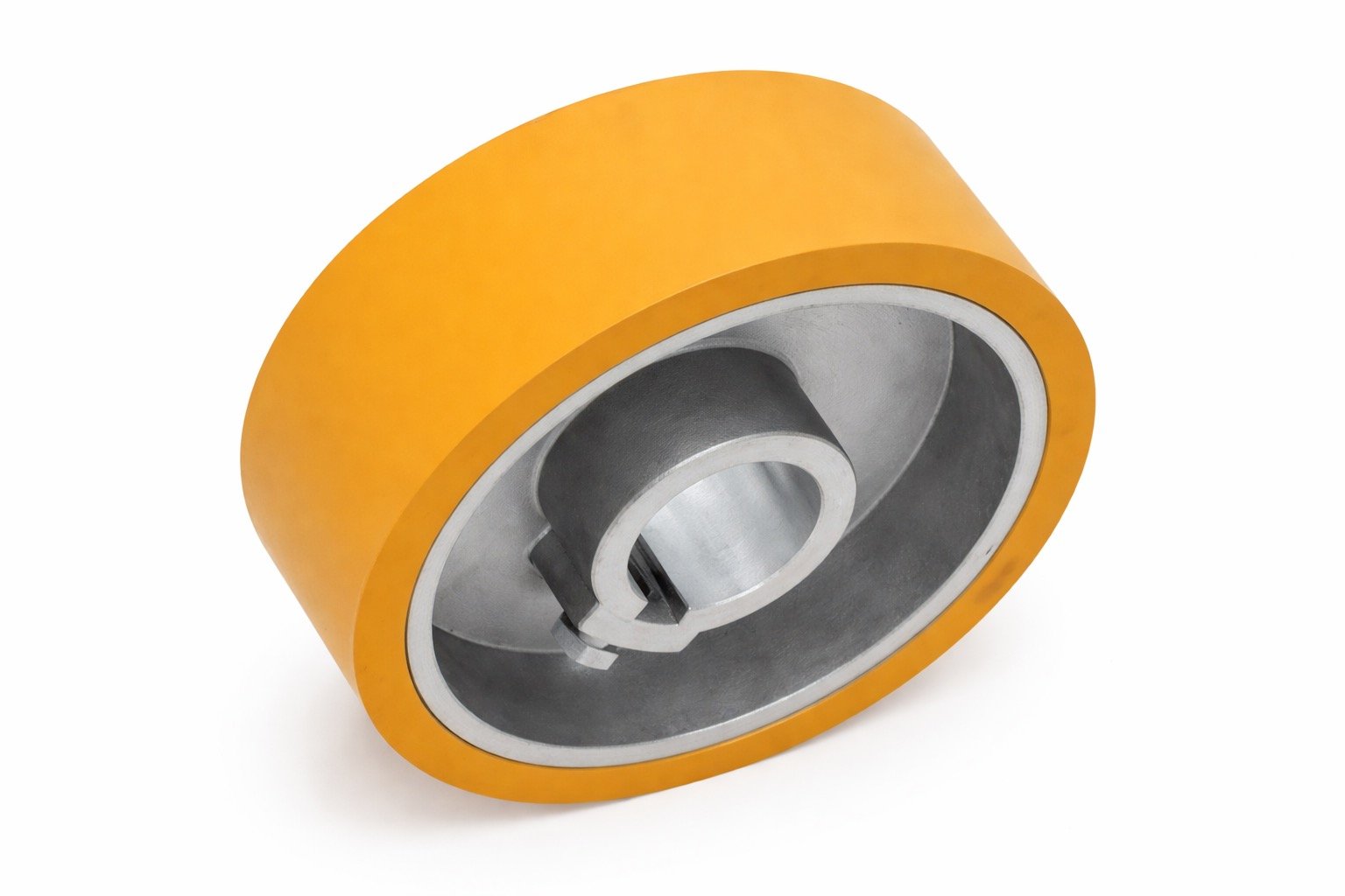 ola cauciucată de avans 140x35 H50 cu canal de pană 10 mm este destinată sistemului de alimentare și transport al materialului în cadrul mașinilor de 4 fețe, utilizate în industria lemnului.